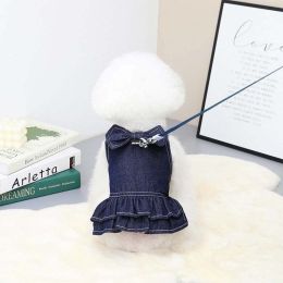 pet clothing denim suit (Color: Clg Bow Denim Skirt, size: S)