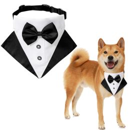 wedding suit dog collar pet saliva towel dog wedding triangle scarf (Color: Black And White Striped Triangular Scarf Collar Suit, size: S)