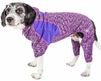 Pet Life Active 'Downward Dog' Heathered Performance 4-Way Stretch Two-Toned Full Body Warm Up Hoodie (Color: Purple, size: small)